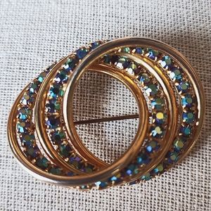 Vintage Gold Tone Blue Aurora Borealis Circular Dual Circle Brooch Pin Unsigned